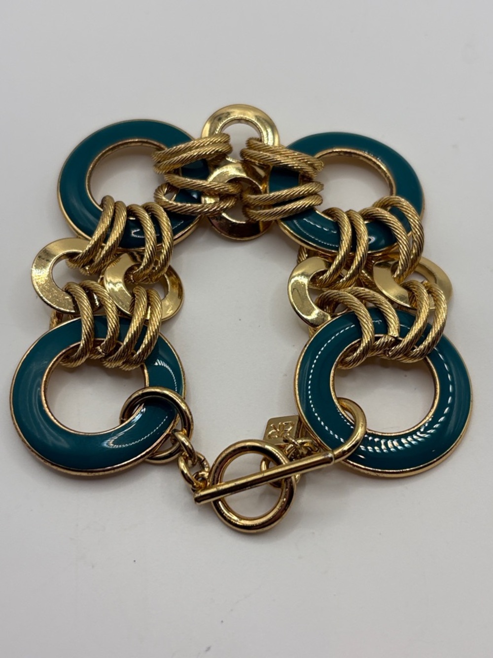 Banana Republic Teal Enamel & Gold Link Bracelet 7” - Picture 1 of 9